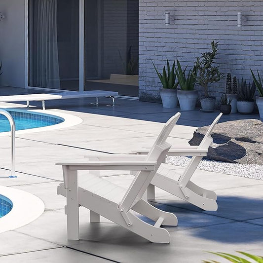 Assembly-free Folding Adirondack Chair, All-Weather Fire Pit Chairs, Oversized All Weather Resistant Outdoor Adirondack Chair for Firepit Area BBQ Beach Deck Garden Lawn Backyard Pool (Antique White)