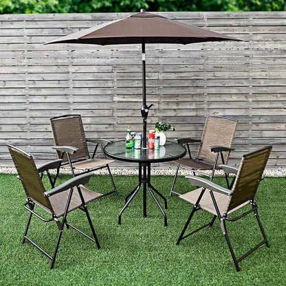ARLIME Set of 4 Patio Folding Chairs, Height Adjustable Sling Backrest Chairs with Armrest, Weather-Resistant Chairs Portable for Outdoor Indoor Garden Pool Beach, Deck Lounge Chairs, Brown