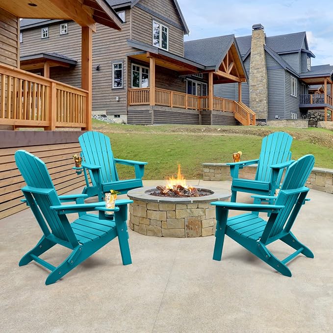 FUNBERRY Folding Adirondack Chair Set of 4, All Weather HDPE Fire Pit Chairs with Cup Holder for Outdoor
