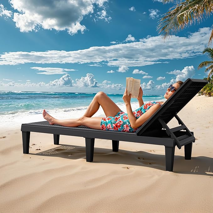 Greesum Outdoor Chaise Lounge Chairs Set of 4 with 5-Position Adjustable Backrest, Waterproof PP Sun Loungers for Garden Pool Beach Patio Deck Sunbathing, Black