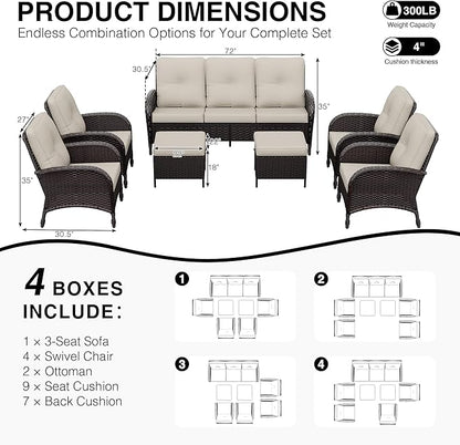 Joyside Wicker Patio Furniture Set, 7 Piece Outdoor Furniture Set with Thickened Cushions, High Back, Deep Seating, Wide Armrest, Rattan Outdoor Chairs for Porch, Deck