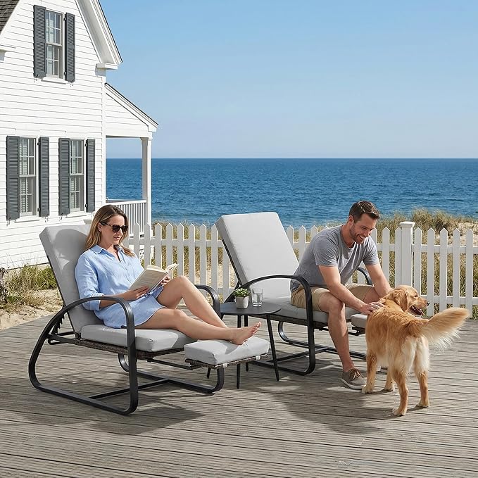 3 Piece Patio Furniture Set, Metal Patio Chairs with Fold Out Foot Rest, 5-Position Adjustable Patio Chaise Lounge Outdoor, Pool Lounges Chair Outdoor Recliners with Side Table for Deck, Grey