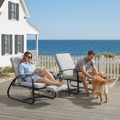 3 Piece Patio Furniture Set, Metal Patio Chairs with Fold Out Foot Rest, 5-Position Adjustable Patio Chaise Lounge Outdoor, Pool Lounges Chair Outdoor Recliners with Side Table for Deck, Grey