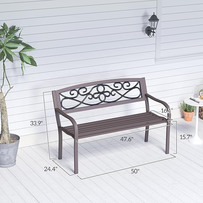 Outsunny 50" Outdoor Bench, Metal Garden Bench with Floral Pattern Backrest, Porch Bench with Slatted Seat for Park, Yard, Lawn, Brown