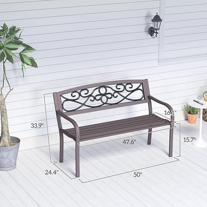 Outsunny 50" Outdoor Bench, Metal Garden Bench with Floral Pattern Backrest, Porch Bench with Slatted Seat for Park, Yard, Lawn, Brown