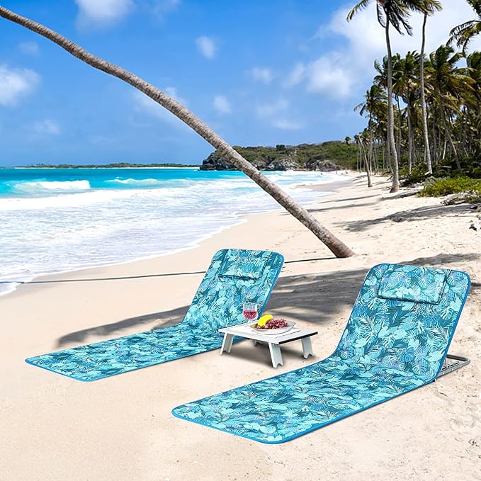 COSTWAY 3-Piece Beach Lounge Chairs, Outdoor Lounger with Side Table, 5 Reclining Positions, Lightweight & Portable Tanning Chairs for Sunbathing, Camping (Turquoise)