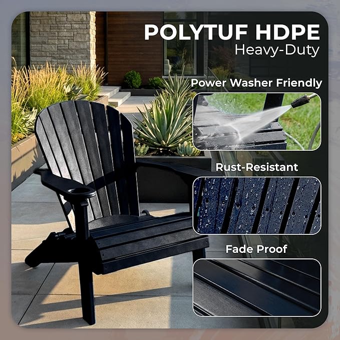 Ecommersify Folding Adirondack Chair with Cup Holder - (Black) - Heavy Duty Recycled Poly Lumber Folding Chair - Amish Crafted Outdoor Furniture - Made in USA