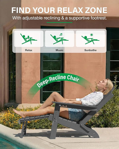 YEFU Folding Adirondack Chair with Footrest: Adjustable Adirondack Chairs with Retractable Ottoman - Sturdy HDEP Plastic with Cup Holder - All Weather for Outdoor/Patio/Fire Pit/Outside/Pool(Grey)