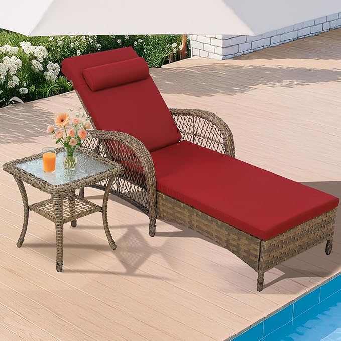 HOMEDIARY Outdoor Wicker Lounge Chair Set, 6-Position Adjustable Patio Chaise Lounge w/Side Table, All Weather Lay Flat Pool Sunbathing Recliner, Armrest & Head Pillow, Fade-Resistant, Red