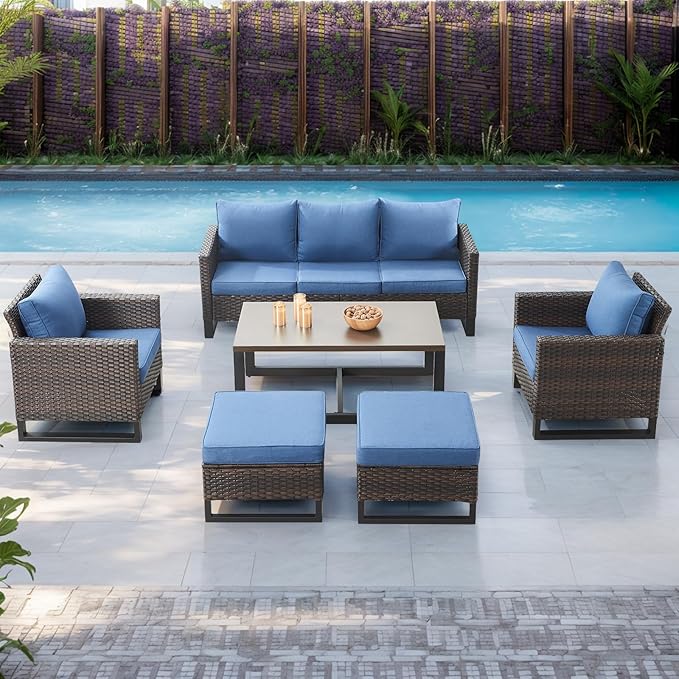 Rilyson Wicker Outdoor Patio Furniture Set - 6 Piece Patio Conversation Set with 2 Armrest Chairs, 2 Rattan Ottoman - Photo 6
