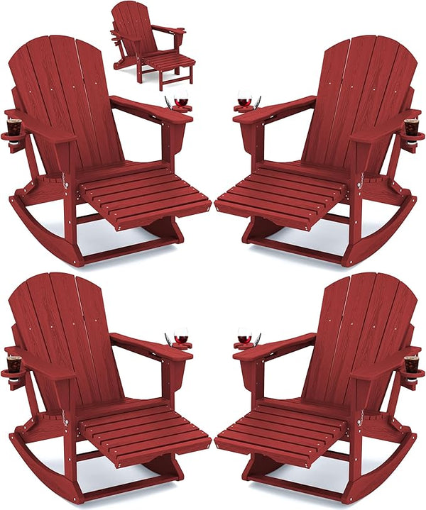KINGYES Adirondack Rocking Chair Set of 4 with Retractable Ottoman and Cup Holders - Photo 1