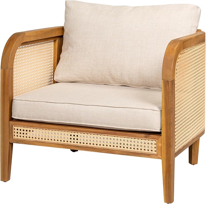 Christopher Knight Home Tilden Bohemian Acacia Wood Lounge Chair Outdoor Set of 4, Wicker Patio Accent Chair with Wooden Frame, Patio Furniture Set with Removable Cushion, Teak+Beige