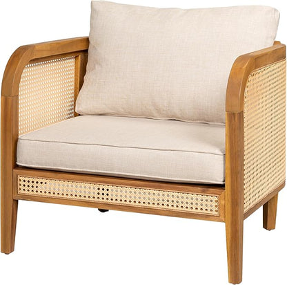 Christopher Knight Home Tilden Bohemian Acacia Wood Lounge Chair Outdoor Set of 4, Wicker Patio Accent Chair with Wooden Frame, Patio Furniture Set with Removable Cushion, Teak+Beige