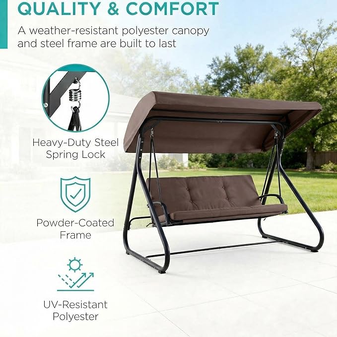 3-Seat Outdoor Convertible Swing Glider with Adjustable Canopy, 2-in-1 Bench to Flat Bed, Removable Cushions - Photo 4