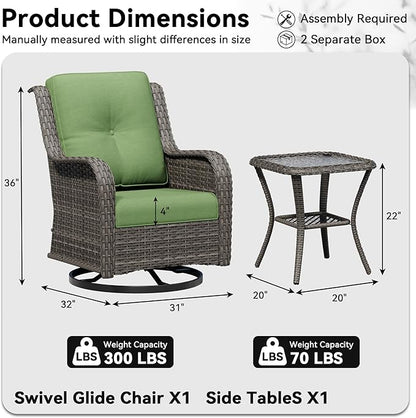 2 Pieces Outdoor Swivel Rocker Patio Chairs Set - Outdoor Wicker Patio Furniture Sets with 1 Side Table, Olefin Fabric Cushions Suitable for Backyard Deck and Porch, Green