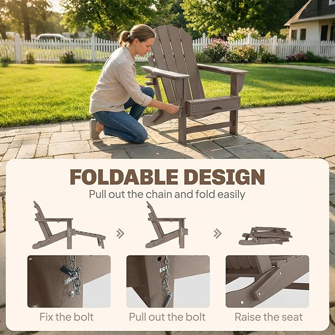 Outsunny Folding Adirondack Chair Set of 2, Outdoor HDPE Fire Pit Chair with Retractable Ottoman, Cup Holder and Large Seat for Deck, Garden, Backyard, Brown
