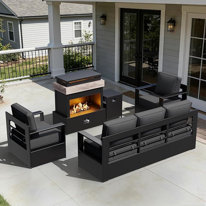 Outdoor Aluminum Furniture Set, 4-Piece Patio Conversation Set, 2 Chairs, 1 Sofa and 1 Fireplace - Photo 9