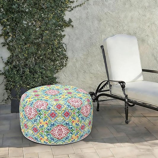 LVTXIII Indoor/Outdoor Extra Large Inflatable Ottoman Pouf D31 x H14 Inch, Round Footstool with Handle, Weather-Resistant Portable Furniture for Patio, Camping, Beach, Damask Red