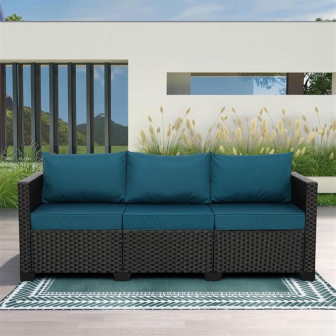 Rattaner Outdoor Furniture Outdoor Couch Patio Furniture 3-seat Sofa Deep Seat Hight Backrest with Waterproof Cover and Anti-Slip Cushions, Peacock Blue
