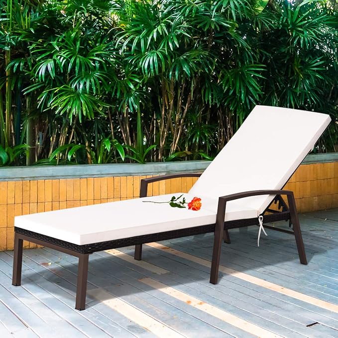 COSTWAY PE Rattan Lounge Chair Outdoor, Patio Wicker Chaise Lounge with 5-Position Adjustable Backrest, Soft Cushion & Arm Rest, Pool Lounger for Poolside, Deck, Backyard (White)