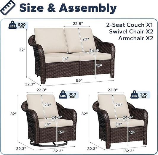 5 PCS Outdoor Conversation Set | 55" Couch, 2 Chairs, 2 Swivel Chairs, Patio Wicker Conversation Furniture with Removable Cushions for Bistro, Deck, Sunroom (Beige)