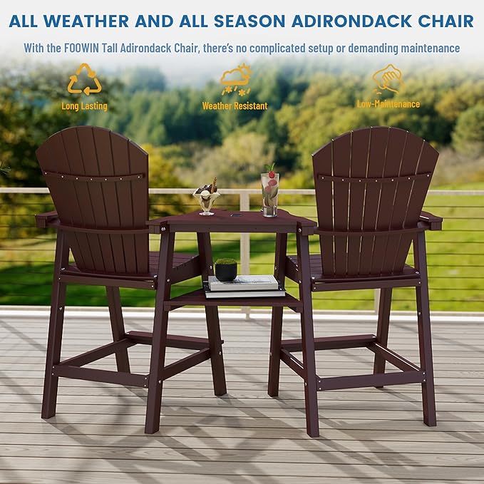 FOOWIN Tall Adirondack Chair Set of 2, All Weather HDPE Bar Height Adirondack Chair with Double Connecting Trays, Adirondack Barstools for Balcony, Deck, Backyard, Patio, Garden Brown