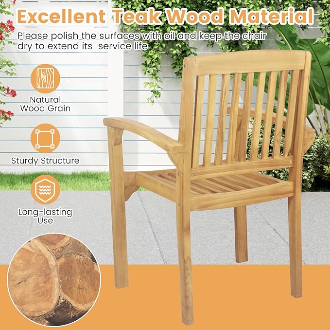 Tangkula Outdoor Patio Wood Dining Chair, Teak Wood Armchair with Slatted Seat & Curved Seat, Ergonomic Armrests, Solid Wooden Legs, for Balcony, Poolside, Porch, Yard (4)