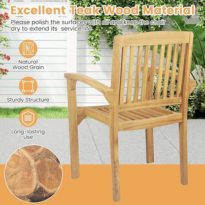 Tangkula Outdoor Patio Wood Dining Chair, Teak Wood Armchair with Slatted Seat & Curved Seat, Ergonomic Armrests, Solid Wooden Legs, for Balcony, Poolside, Porch, Yard (2)