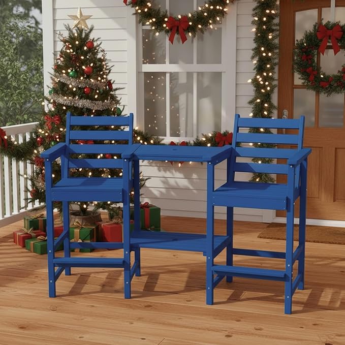 Tall Adirondack Chairs Set of 2, Bar Height HDPE Outdoor Chairs with Connecting Tray & Umbrella Hole, Balcony Patio Adirondack Chairs for Deck, Garden, Lawn(Navy Blue)