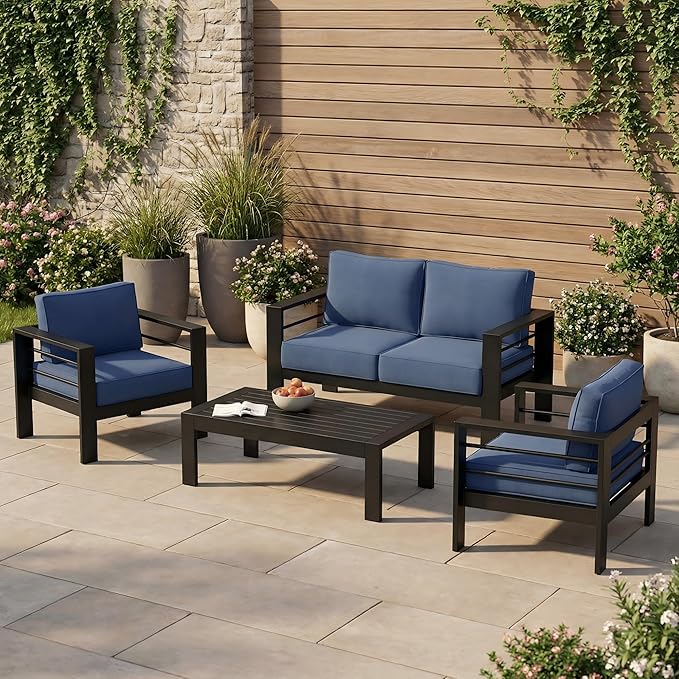 Solaste Aluminum Outdoor Patio Furniture Set, 4 Seats Patio Sectional Sofa with 5" Thick Cushion - Photo 1