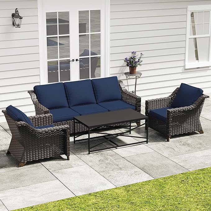 4 Pieces Outdoor Conversation Furniture Set - 77" Patio Sofa, 2 Wicker Armchairs, 1 Metal Coffee Table - Photo 1