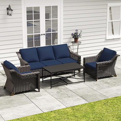 4 Pieces Outdoor Conversation Furniture Set - 77" Patio Sofa, 2 Wicker Armchairs, 1 Metal Coffee Table, Patio Wicker Furniture Set with Water-Resistant Cushions for Sunroom (Navy Blue)