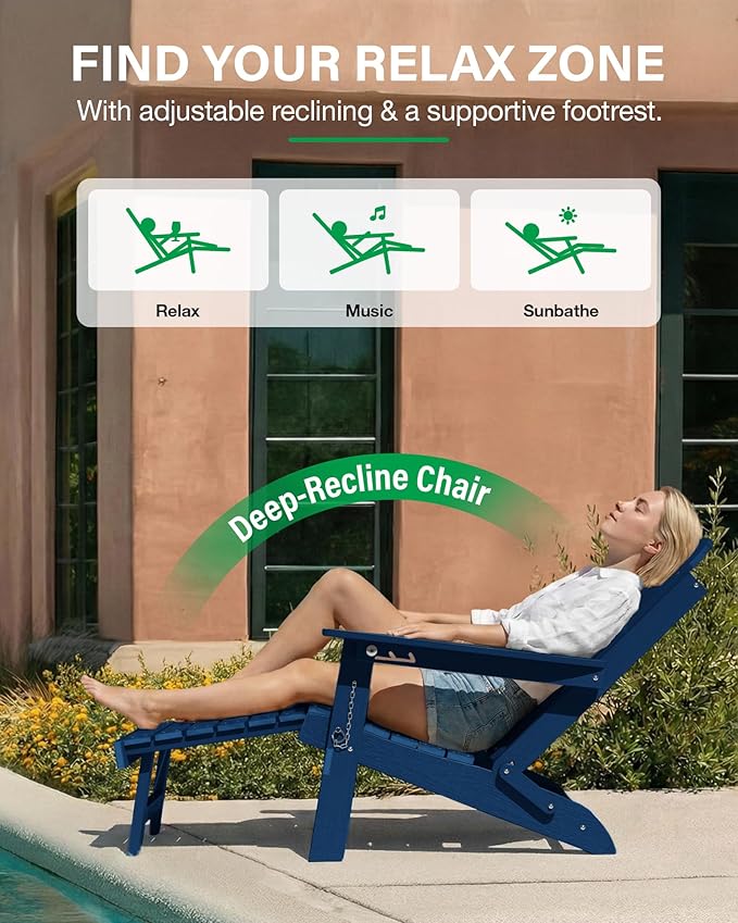 YEFU Adirondack Chair with Retractable Ottoman: Adjustable Folding Adirondack Chairs with Cup Holder - HDPE Plastic Outdoor Fire Pit Chairs Set of 6 - All Weather for Patio/Firepit/Outside/Pool(Blue)