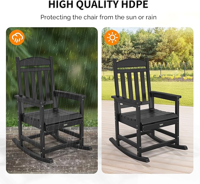 VINGLI Outdoor Rocking Chair Set of 2, HDPE Rocking Chair with Higher Backrest, All Weather Rocker for Garden, Yard, Balcony, Black