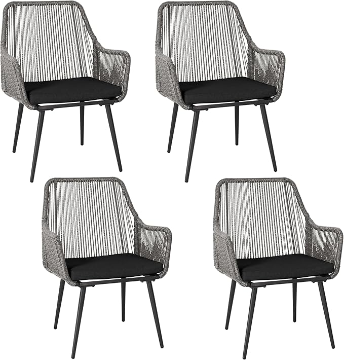 Patio Dining Chairs Outdoor Dining Chairs Set of 4, Woven Twisted Wicker Rattan Chair with Armrest and Cushion, Modern Indoor Outdoor Seating for Garden, Lawn, Backyard, Grey