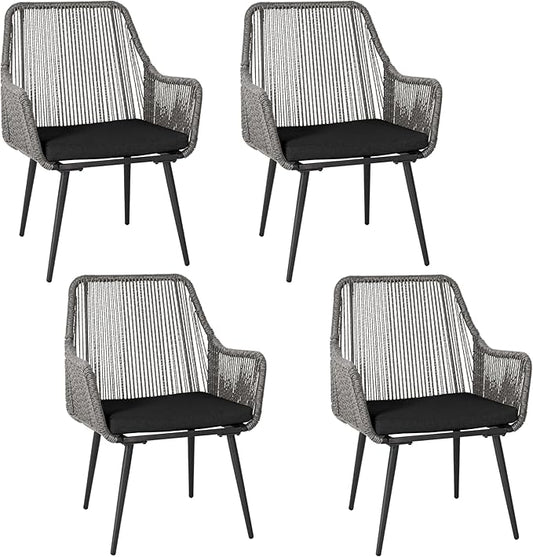 Patio Dining Chairs Outdoor Dining Chairs Set of 4, Woven Twisted Wicker Rattan Chair with Armrest and Cushion, Modern Indoor Outdoor Seating for Garden, Lawn, Backyard, Grey