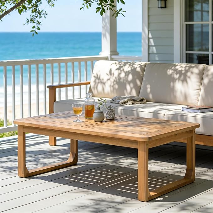 Merax Outdoor Acacia Wood Coffee Table, 40" Rectangular Patio Coffee Table with Thickened Top & Curved Legs for Deck Garden Poolside, Durable Weather Resistant, Modern Minimalist Design, Light Teak