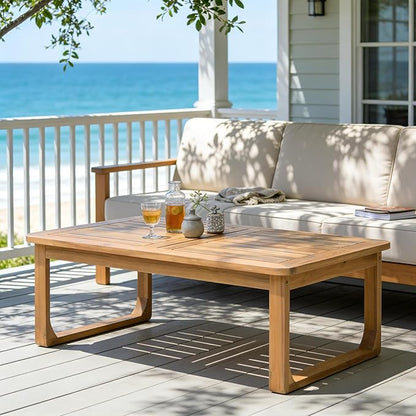 Merax Outdoor Acacia Wood Coffee Table, 40" Rectangular Patio Coffee Table with Thickened Top & Curved Legs for Deck Garden Poolside, Durable Weather Resistant, Modern Minimalist Design, Light Teak