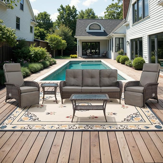 Belord 5 Piece Patio Furniture Set with Recliner Chair - Removable Outdoor Patio Couch Set, Chaise Lounge Chair Outdoor with Adjustable Backrest and Footrest for Casual Gathering Brown/Gray