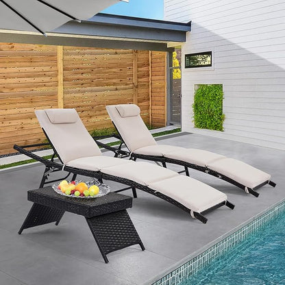 Patio Chaise Lounges 2 Chairs + 1 Coffee Table with Adjustable Backrest and Removable Thick Cushions, 2 Pieces Patio Lounge Chairs + 1 SideTable, Outdoor Folding Cushioned Patio Seating + End Table