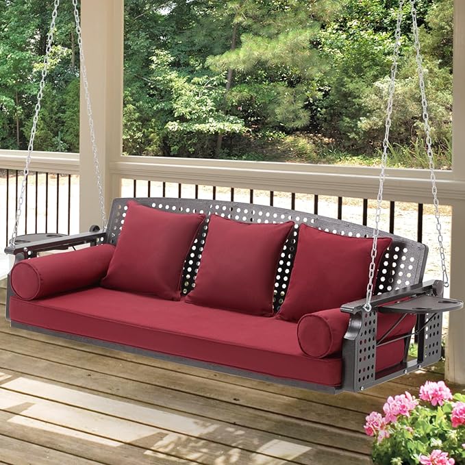 3 Seat Porch Swing, Patio Swing Bench with Cup Holders & 3 Back Cushions - Photo 1