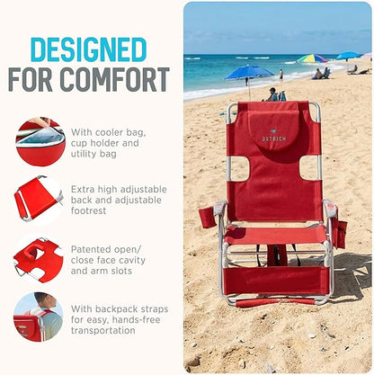 Ostrich the Backpack 3N1 Portable Chair with Cooler Bag and Reclining Lounger for Tanning, Camping, Beach, and Outdoor Essential, Red