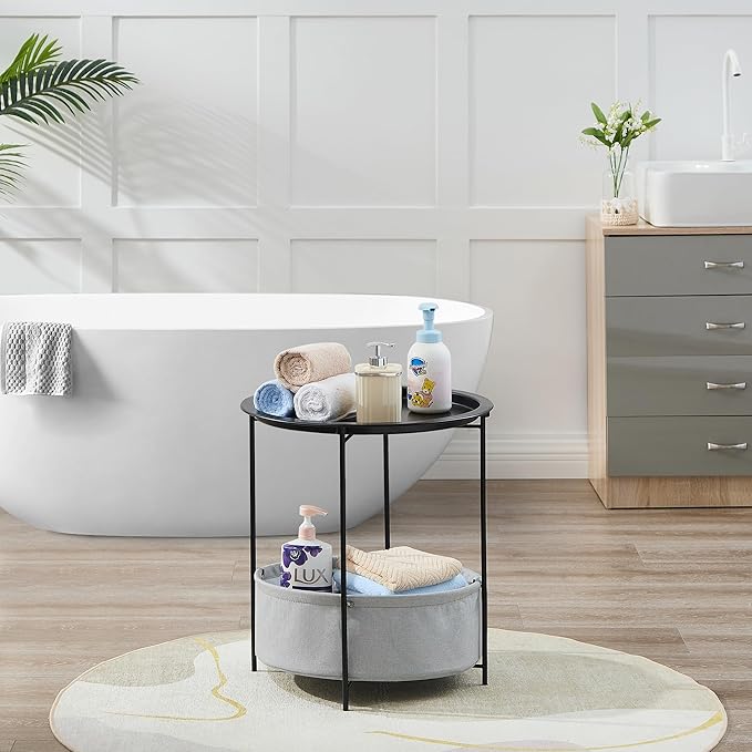 VECELO Round Side/End Table with Fabric Storage Basket，Metal Anti-Rust and Waterproof Small Bedside Nightstand with - Photo 6
