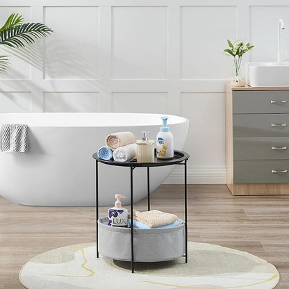 VECELO Round Side/End Table with Fabric Storage Basket，Metal Anti-Rust and Waterproof Small Bedside Nightstand with Removable Tray Top for Living Room，Balcony & Laundry，Black /1pcs with Basket