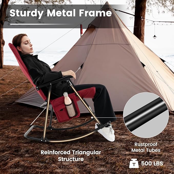 Goplus Oversized Folding Rocking Chair, Padded Patio Lounge Rocker w/Metal Frame, Armrests, Side Pocket - Photo 4