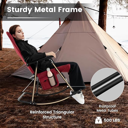 Goplus Oversized Folding Rocking Chair, Padded Patio Lounge Rocker w/Metal Frame, Armrests, Side Pocket, Lightweight Portable Rocking Chair for Backyard Camping Travel, Supports up to 500 lbs(1,Red)