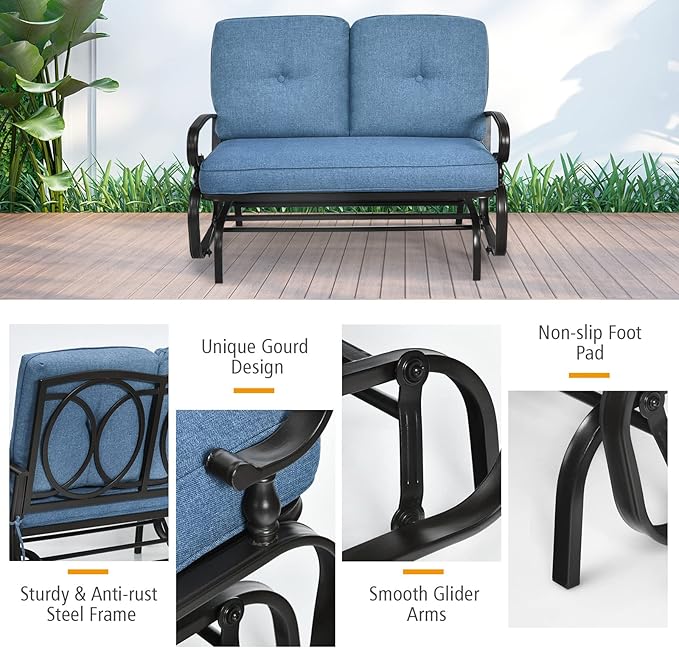 Giantex Outdoor Glider Bench, Patio Loveseat with Cushions, 440 Lbs Capacity, 2-Person Outdoor Rocking Chair - Photo 6