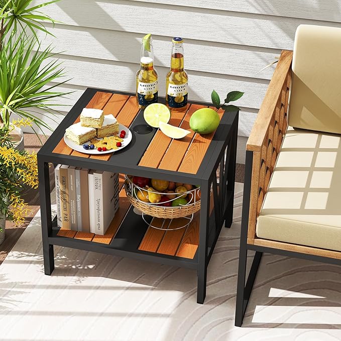 Tangkula Outdoor Side Table with 1.57” Umbrella Hole, 2-Tier Patio Metal End Table with Storage Shelf - Photo 2