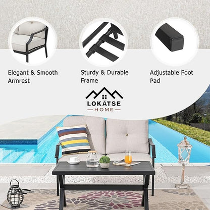 LOKATSE HOME Outdoor Loveseat and Coffee Table Metal Conversation Set Patio Furniture with Cushions for Poolside Backyard Lawn, Beige