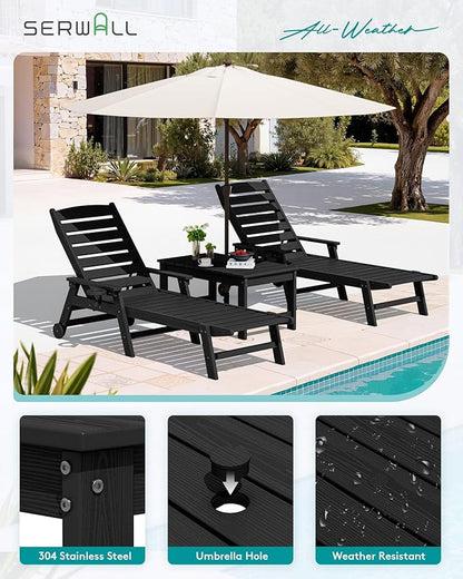 SERWALL Outdoor Coffee Table with 9FT Umbrella, HDPE Patio Coffee Table for Outside, Rectangle, Black(Not Include Umbrella Base)